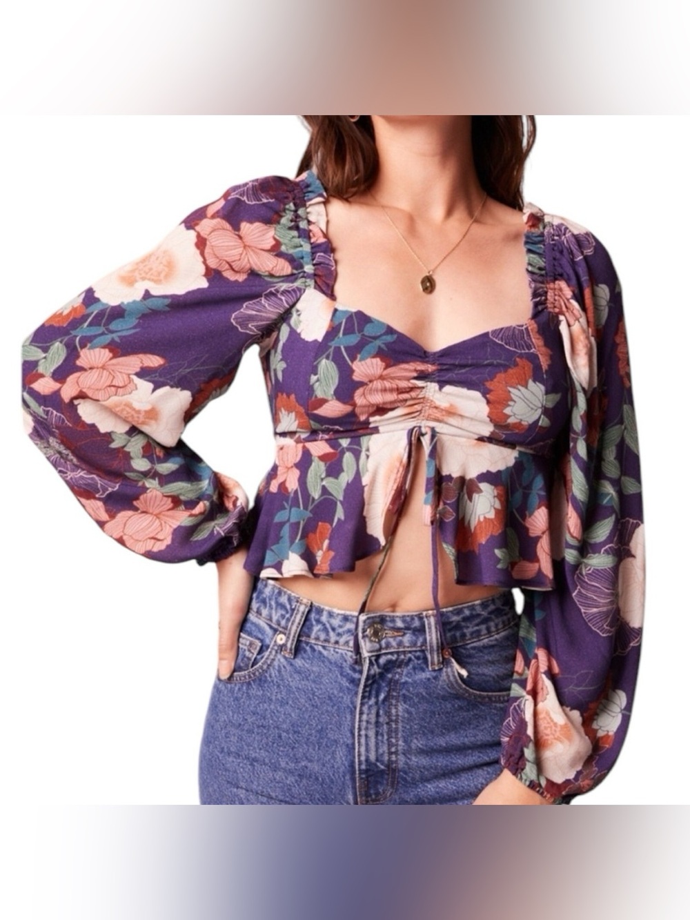 NWT Band Of Free Floriane Purple Floral Smocked Ballon Sleeve Crop Top NEW XS